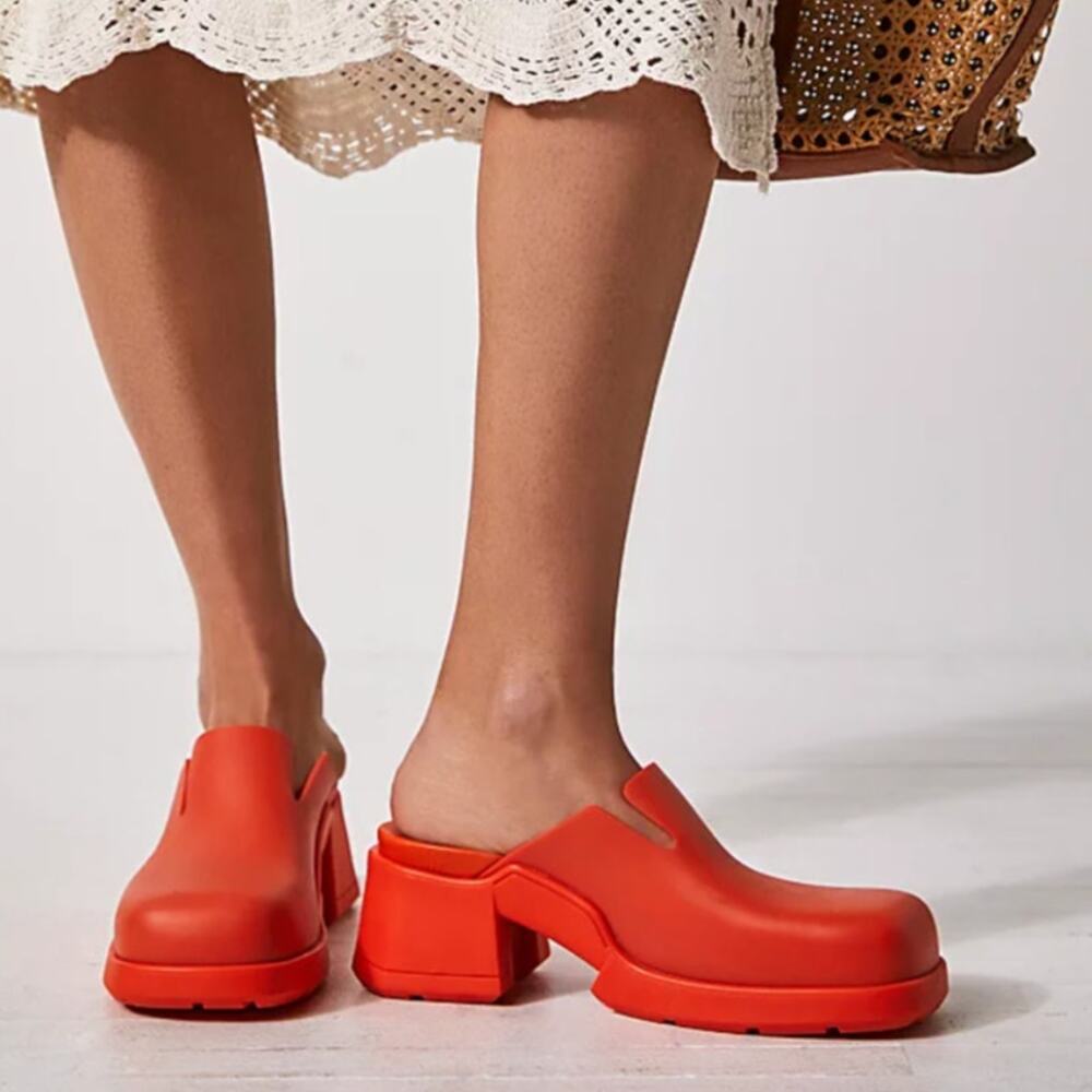 E8 By Miista Blissa Rubber Heeled Mule Clogs in Bight Orange, Size 36